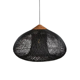 Black handmade rattan and teak pendant light with fish trap shape — artisan ceiling lamp for Wabi Sabi or Boho interiors.