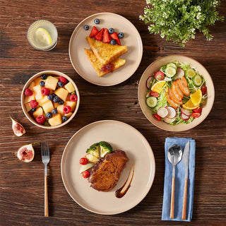 Beige dining set with dinner plates, salad plates and bowls