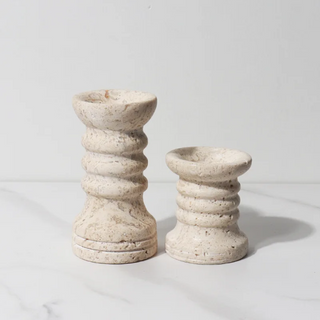 Handmade natural marble candle holders, embracing the imperfect beauty of wabi-sabi. These elegant, durable candle holders add timeless charm to any space, perfect for desks, shelves, or mantels. This set of 2 offers versatile, symmetrical décor for a stylish, natural home accent.