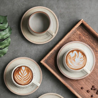 Biba stoneware coffee cups and saucers with a minimalist, earthy design. Perfect for tea, coffee, cappuccino or hot chocolate. 