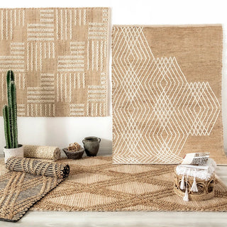 Bima handwoven jute and cotton rug in contrasting black and natural diamond geometric weave. Ideal for Scandi, Boho, coastal and wabi-sabi living spaces.