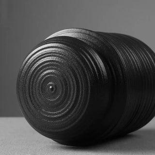Elegant black ceramic storage jars in various shapes and sizes, featuring a ribbed textured finish and airtight lids. Perfect for storing tea, coffee, sugar, and spices while adding a modern, sophisticated touch to any kitchen countertop.