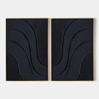 Set of two abstract geometric canvas prints featuring sculptural black wave patterns and textured linear details — ideal for modern minimalist and organic-inspired interiors.
