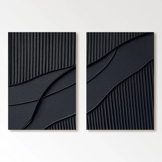 Black abstract geometric canvas prints featuring sculptural wave patterns and textured linear details — ideal for modern minimalist and organic-inspired interiors.