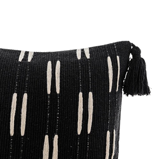 Ayat Linen Blend Cushion Cover – decorative black and white boho cushion with tasselled corners. Made from a soft linen-cotton blend, featuring an ethnic-inspired pattern for a natural home décor touch.