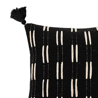 Ayat Linen Blend Cushion Cover – black and white boho throw pillow with tassels, ethnic-inspired embroidery, natural cotton-linen for modern home décor.