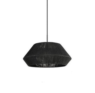 Contemporary black jute ceiling pendant with sculptural woven detailing and organic texture.