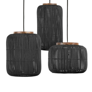Black handmade rattan and teak barrel pendant lights — artisan ceiling lamp for Wabi Sabi or Boho interiors.