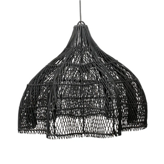 Endah Black Handwoven Rattan Pendant Lampshade – interwoven in a creative, organic shape, this ceiling light  is a statement piece, perfect for natural home decoration. This hanging lamp comlements boho, Scandi, and Wabi-Sabi aesthetics, adding warmth and texture to any space. Ideal for eco-conscious interiors.