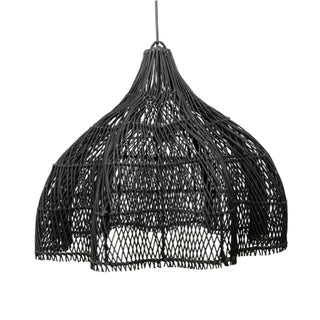 Black handwoven rattan pendant light with dome-shaped silhouette and airy open weave.