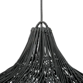 Black handwoven rattan pendant light with dome-shaped silhouette and airy open weave.