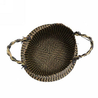 Handwoven natural and black seagrass storage basket with handles, perfect as a stylish hanging basket, pot planter, or decorative storage solution. This eco-friendly, two-tone basket adds a touch of natural boho touch while keeping your space organized. Shop handcrafted storage baskets at our natural homeware store.