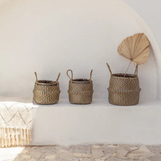 Small, medium and large size handwoven seagrass basket in natural and black - ideal for minimalist and boho storage or decorative use.