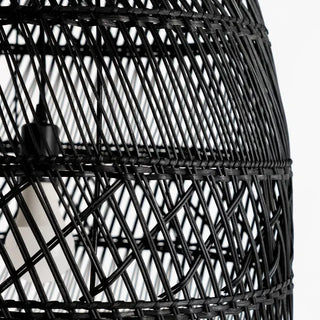 Mawar handwoven rattan bell pendant light in black finish with metal frame, ideal for Scandi, Boho, or coastal interiors.