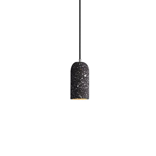 Minimalist black terrazzo pendant light with speckled stone finish and silver detail. 