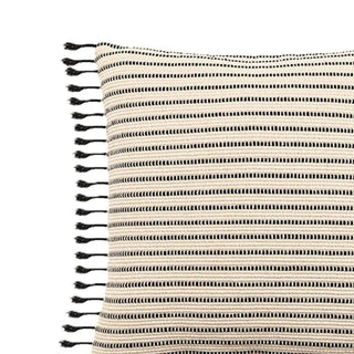 Nura handwoven cotton-linen cushion cover in black and white with embroidered stripes and tassels – breathable, soft, and perfect for natural interiors.