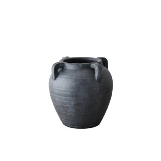 Black terracotta pot with rustic matte texture and loop handles.