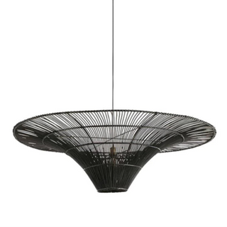 Black handwoven rattan pendant light with funnel shape — minimalist, natural ceiling light for modern or rustic interiors.