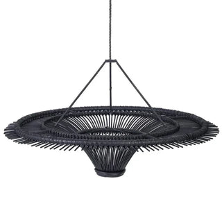 Black handwoven rattan pendant light with funnel shape — minimalist, natural ceiling light for modern or rustic interiors.