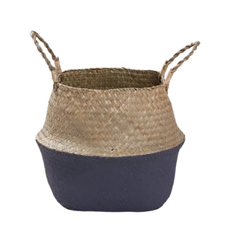 Handwoven natural and black seagrass storage basket with handles, perfect as a stylish hanging basket, pot planter, or decorative storage solution. This eco-friendly, two-tone basket adds a touch of natural home décor while keeping your space organized. Shop handcrafted storage baskets at our natural homeware store.