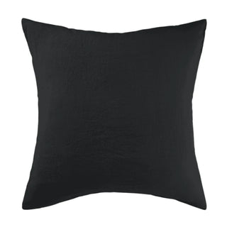 Black pure linen square pillowcases with envelope closure, available from Arkaim Home in a variety of sizes and soft, pastel colours. Perfect for styling a relaxed, all-season bedroom look.