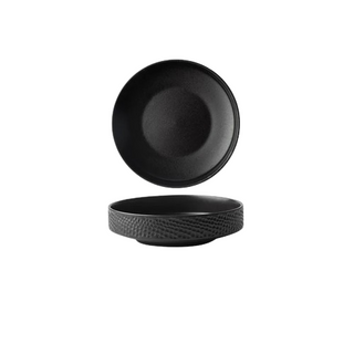 Black embossed ceramic deep plates in white, and black from the Suki collection by Arkaim Home. Ideal for ramen, pasta, salad and fruits.