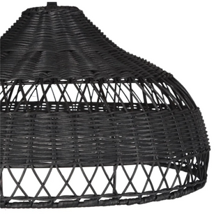 Black Tama handwoven wicker pendant light with crisscross rattan weave, creating a warm, ambient glow in modern or bohemian interiors.