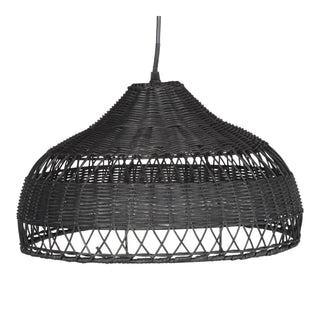 Black Tama handwoven wicker pendant light with crisscross rattan weave, creating a warm, ambient glow in modern or bohemian interiors.