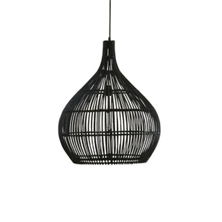 Handcrafted bamboo pendant light with tulip shape and black finish, ideal for boho and minimalist interiors.