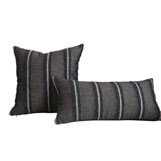 Kaya linen blend cushion cover in deep dark tones with bold vertical stripes, plain back, available in three colours and multiple sizes.