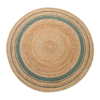 Round handwoven jute rug with concentric two-tone braided design in natural and neutral shades—ideal for boho, coastal, or modern home décor.
