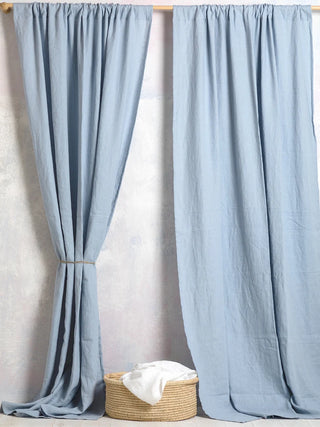 Blue linen rod pocket curtain panel — natural linen window curtain with soft drape and textured finish. Ideal for earthy, minimalist, and Scandi-inspired natural home décor. Available at Arkaim Home.