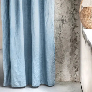 Blue linen rod pocket curtain panel — natural linen window curtain with soft drape and textured finish. Ideal for earthy, minimalist, and Scandi-inspired natural home décor. Available at Arkaim Home.