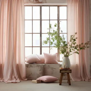 Blush pink linen rod pocket curtain hanging in a sunlit room — natural window treatment with soft drape and textured finish. 