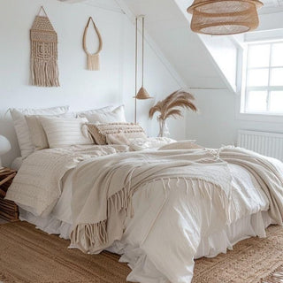 Boho inspired bedroom interior featuring pure cotton and linen bedding, wall hanging macrames, rattan pendant light and natural jute rug.