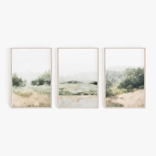 Soft abstract botanical landscape set of prints featuring misty green foliage and a beige field under a pale sky, evoking a calm and natural atmosphere — perfect for minimalist and nature-inspired interiors.