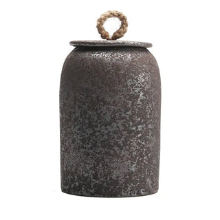 Bronze rustic Japanese ceramic canister with rope lid.