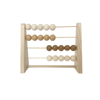 Wooden abacus toy with pastel-colored beads, placed on a neutral surface—ideal for counting and sensory play.