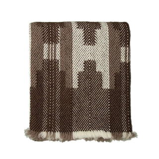 Thick virgin wool blanket in a brown and beige geometric pattern.