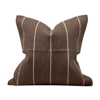 Dark brown striped cotton cushion cover with textured weave.