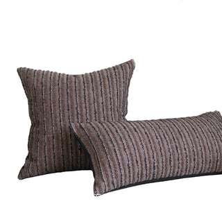 Kaya linen blend cushion cover in warm coffee brown with fine vertical stripes, plain back, available in three colours and multiple sizes.