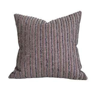 Kaya linen blend cushion cover in warm coffee brown with fine vertical stripes, plain back, available in three colours and multiple sizes.