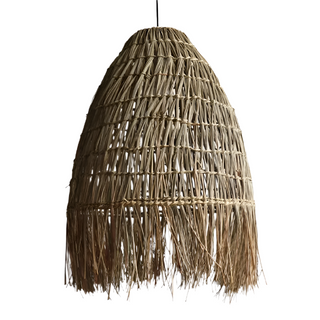 A handwoven rattan and raffia straw pendant light. This natural Cahya pendant lampshade offers a stylish ceiling light, perfect for boho, Scandi, and wabi-sabi home decor. The earthy design enhances any space with its organic charm, making it an ideal choice for natural home decoration and creating a warm, rustic atmosphere. Perfect for adding a unique, sustainable touch to your living room, dining room, or bedroom lighting.