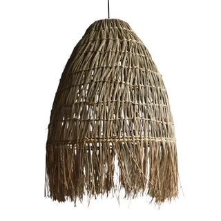 Handwoven raffia straw pendant light with open-weave coastal design and organic texture for warm, ambient lighting.