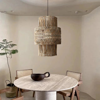 Canggu handwoven rattan pendant light with open-weave coastal design and organic texture for warm, ambient lighting.