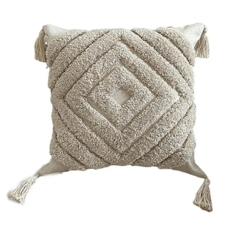 Farah tufted cushion cover–handwoven cotton cushions with geometric tufting and corner tassels, adding boho texture to beds, sofas, or chairs.