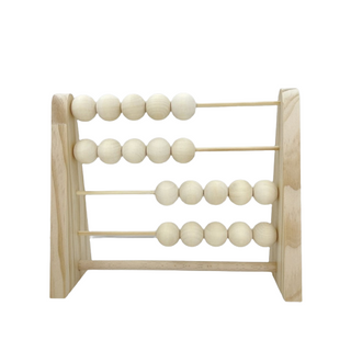 Wooden abacus toy with pastel-colored beads, placed on a neutral surface—ideal for counting and sensory play.