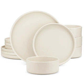 Matte cream stoneware dinner set with dinner plates, side plates and bowls