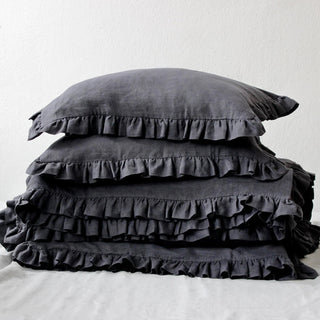 Dark gray ruffled linen pillows and duvet cover-perfect linen bedding set for modern, boho or scandi bedrooms.