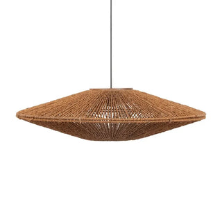 Handmade abaca pendant light with reclaimed teak top, woven disc shape, ideal for natural and minimalist home décor.